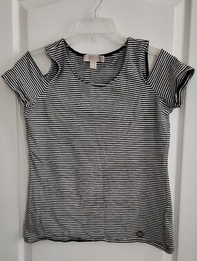 MICHAEL Michael Kors Black and White Striped Cold-Shoulder Top